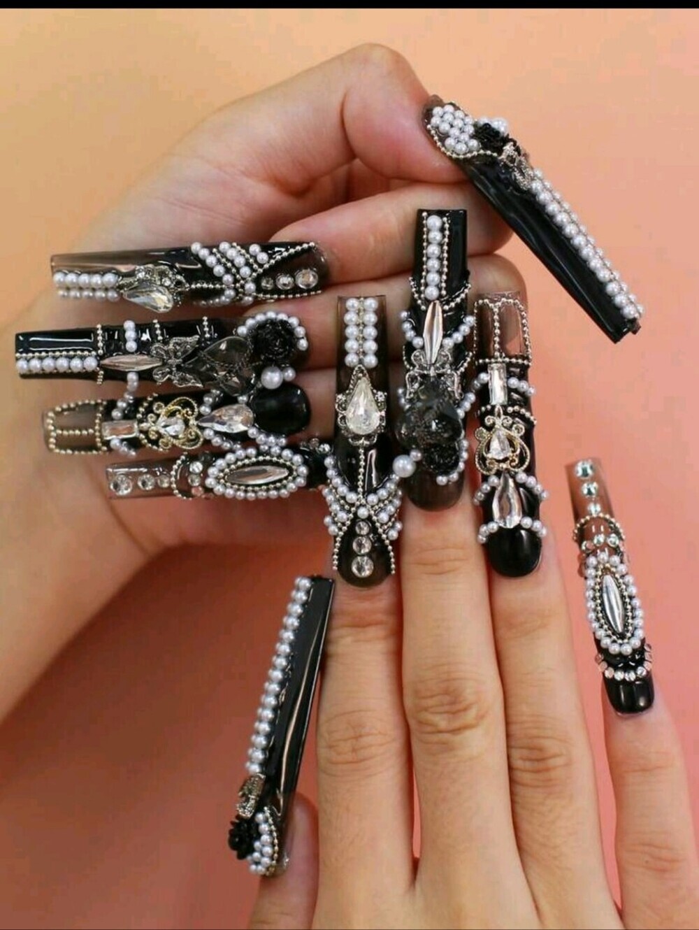Black Pearl & Crystal Embellished Nail Set - Women Makeup